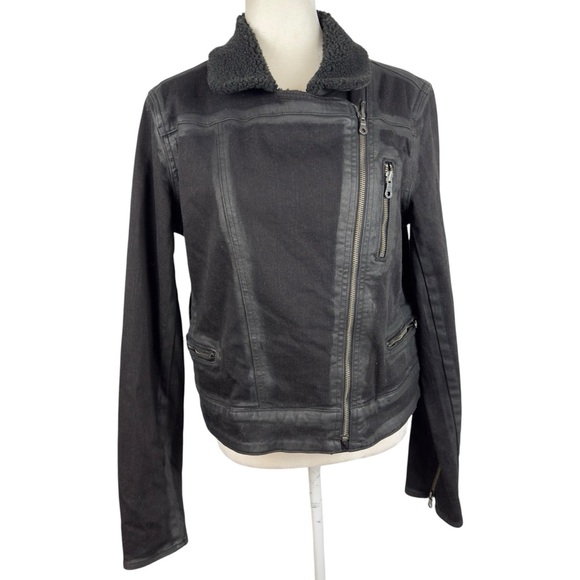 PAIGE Sydney Moto Jacket Night Flight Sherpa Coated Black Stretch Denim Large - Picture 3 of 16